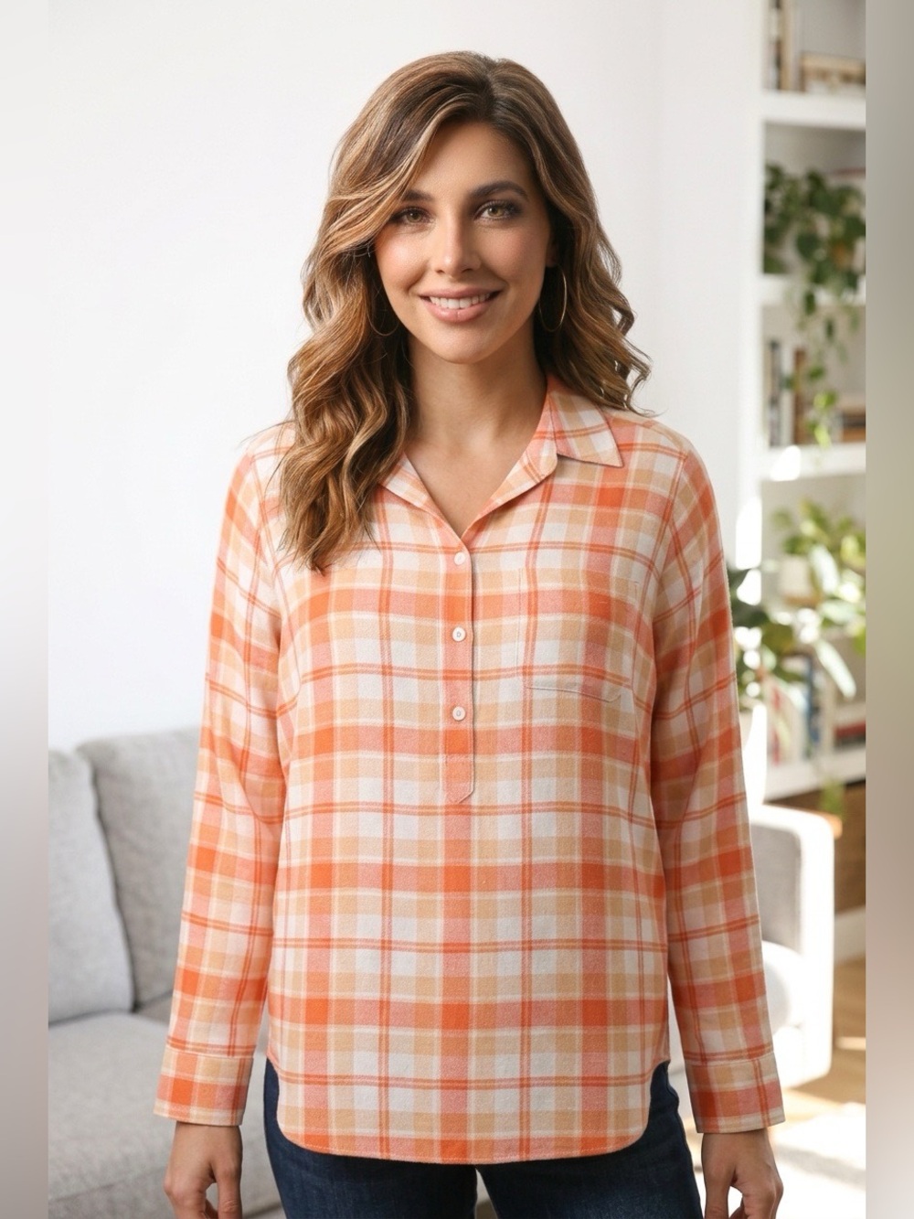 Equipment Femme Pinkish/Orange Plaid Silk Shirt, Size M